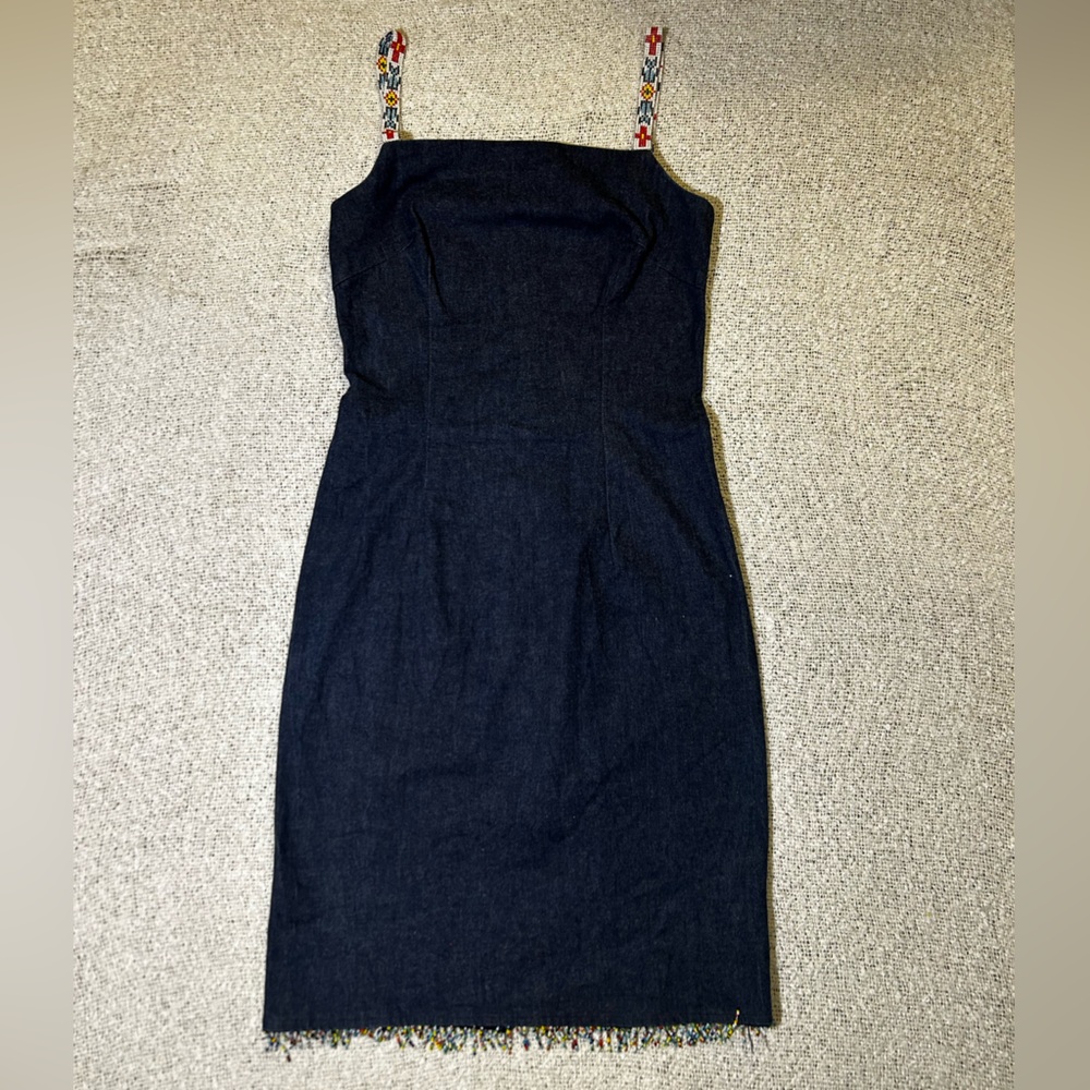 Muse Dark Boho Denim Dress w Beaded Straps & Beaded Fringe Size 8